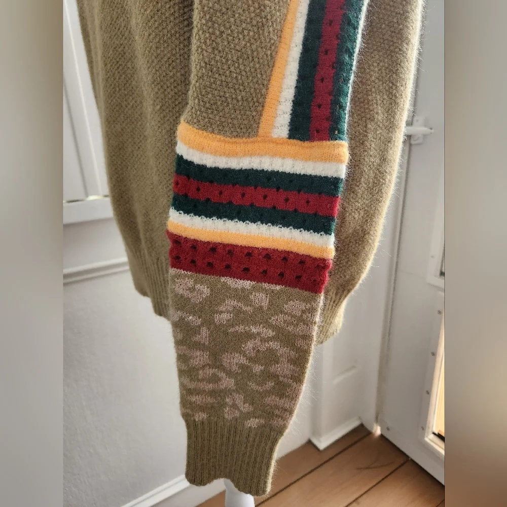 BiBi Women's Olive Brown Sweater with Colorful Sleeve Stripes And Animal Print S